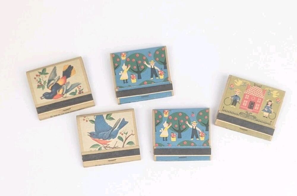 Vintage Ohio Blue Tip Matchbooks Lot Mid Century Advertising Birds Folk Art USA
